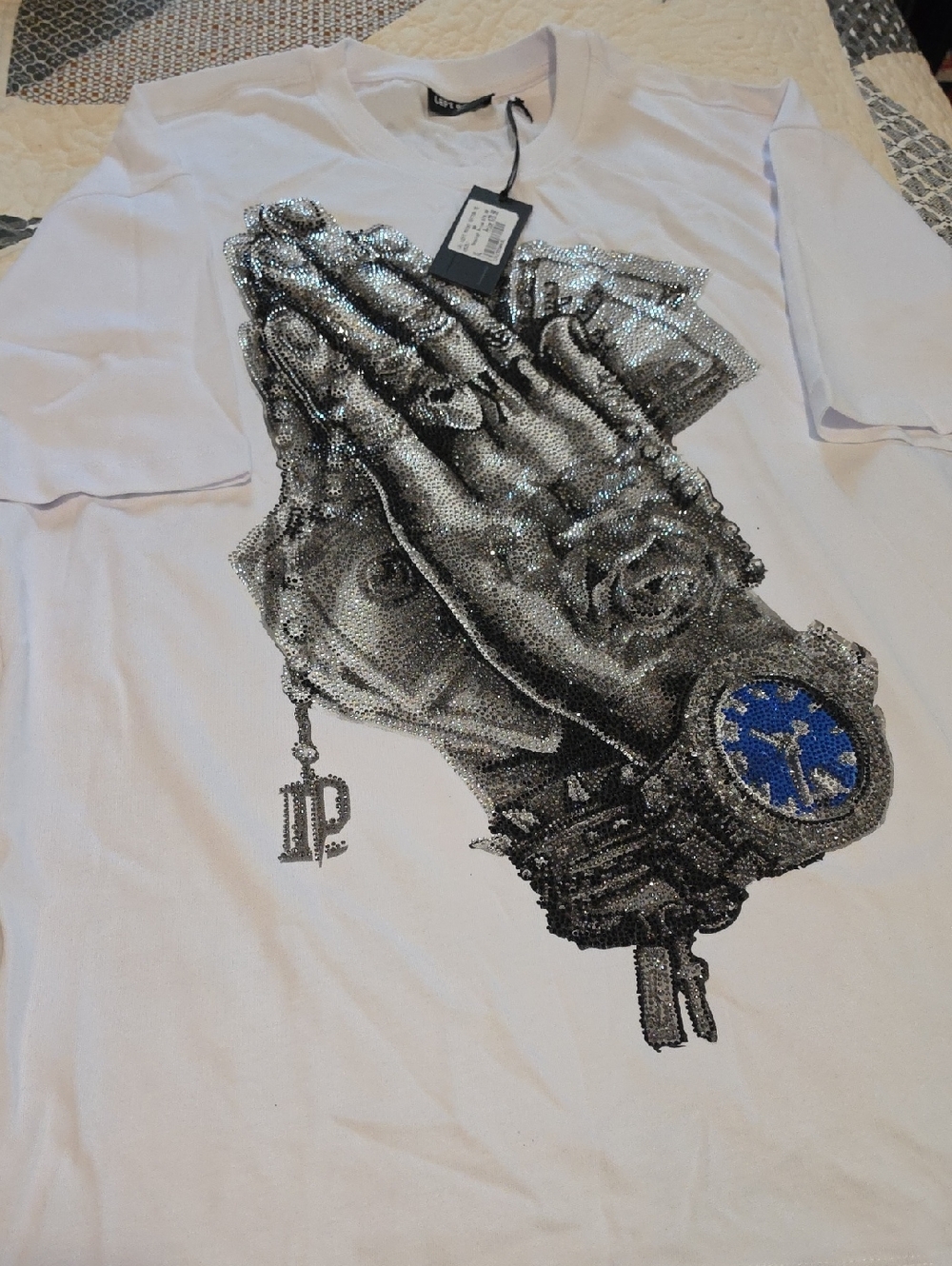 Philipp Plein Men’s White Crystal Praying Hands T-Shirt